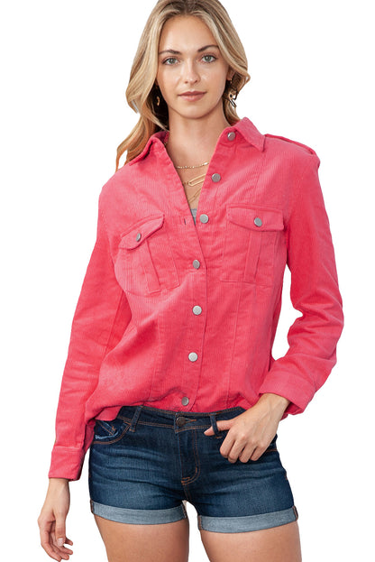 Pink Corduroy Knit Button Flap Pocket Shacket