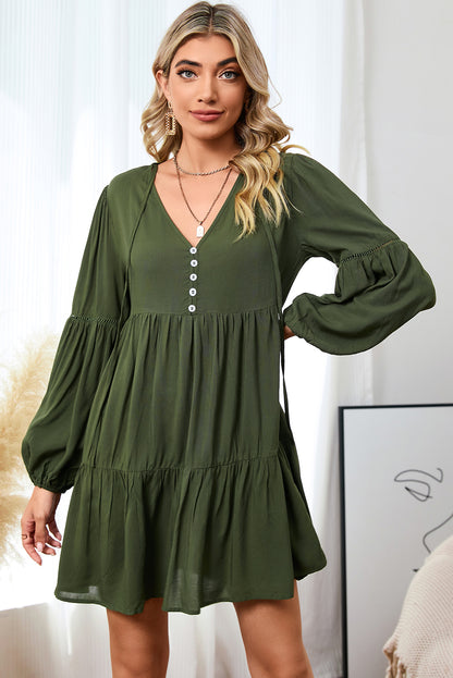 Verdant Bishop Sleeve Tie Front Tiered Pleated Short Dress