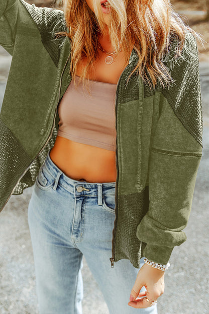 Khaki Dark Washed Patchwork Zip Up Hooded Jacket