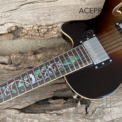 12 String Electric Guitar Semi Hollow Body (F-Holes & Abalone Flower Inlays ) - Cobra Flamed Maple