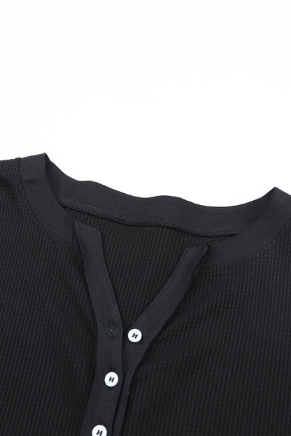 Gray Solid Color Waffle Knit Long Sleeve Henley Shirt