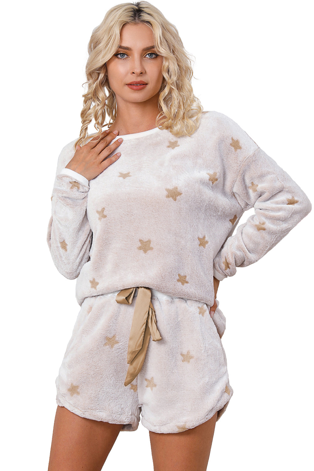 White Star Print Long Sleeve Top & Shorts Loungewear Set