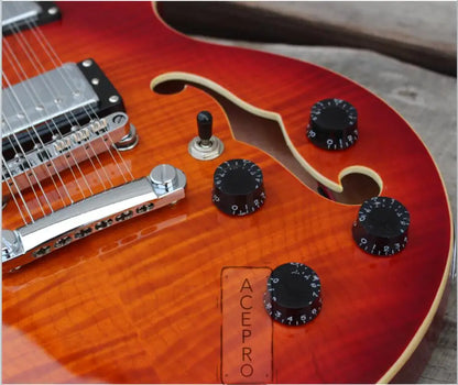 12 String Cherry Sunburst Electric Guitar, Semi Hollow Body, Abalone Flower Inlay, Flame Maple Top