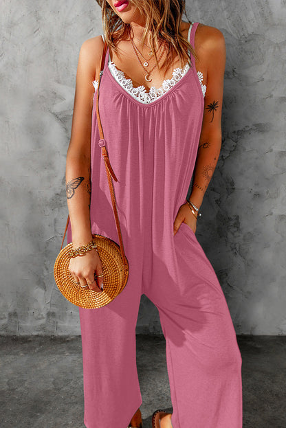 Black Casual Spaghetti Straps Wide Leg Pocketed Jumpsuits