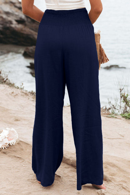 Brown Smocked Wide Waistband High Waist Wide Leg Pants