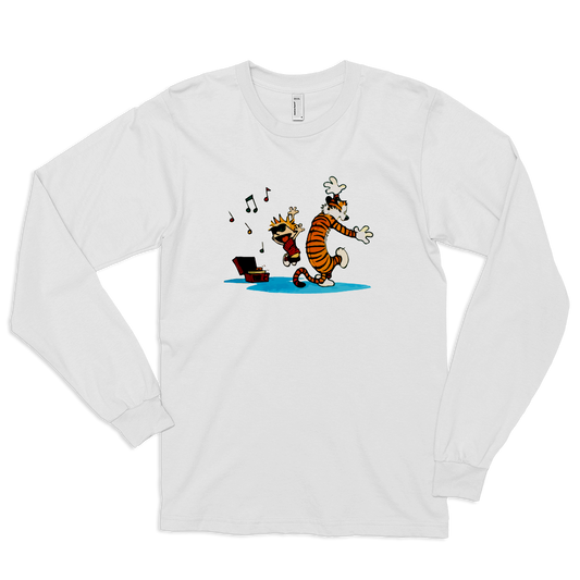 Calvin and Hobbes Dancing with Record Player Long Sleeve Shirt