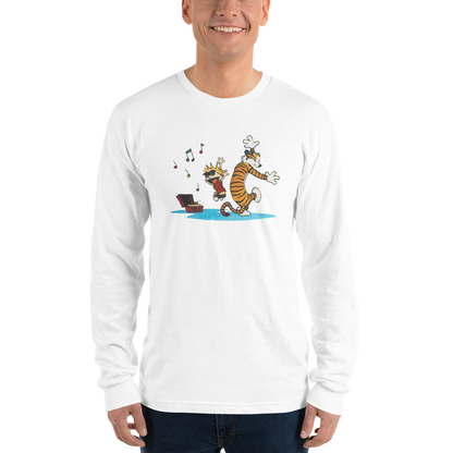 Calvin and Hobbes Dancing with Record Player Long Sleeve Shirt