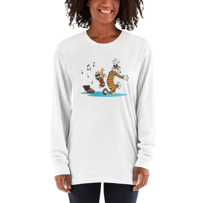 Calvin and Hobbes Dancing with Record Player Long Sleeve Shirt