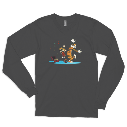 Calvin and Hobbes Dancing with Record Player Long Sleeve Shirt