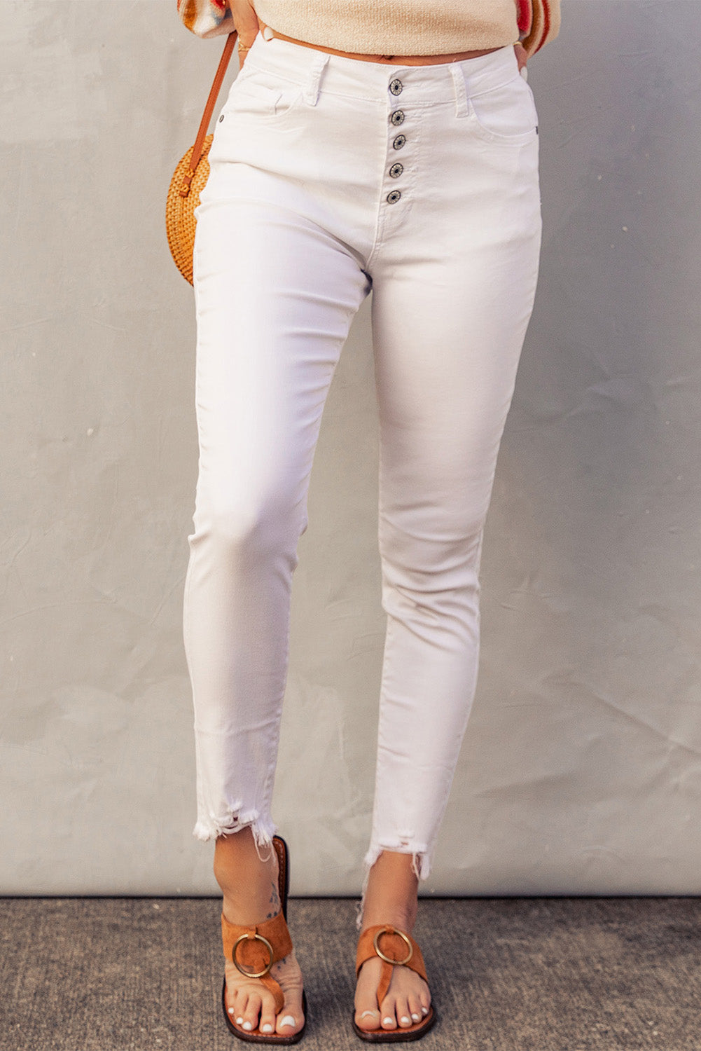 White Plain Buttons Frayed Raw Hem High Waist Denim Jeans