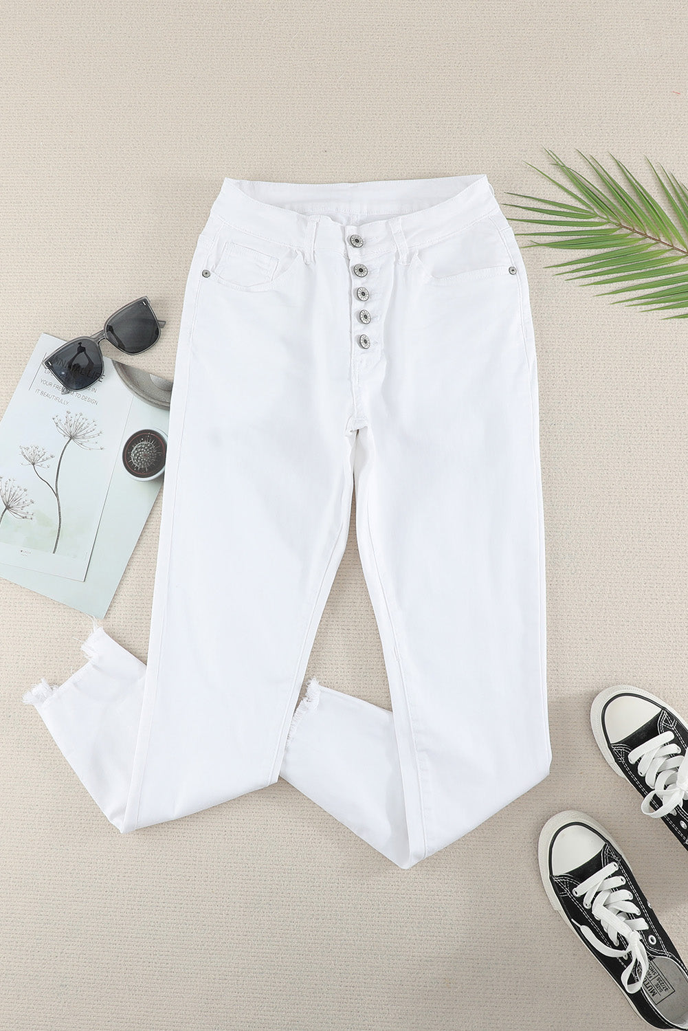 White Plain Buttons Frayed Raw Hem High Waist Denim Jeans