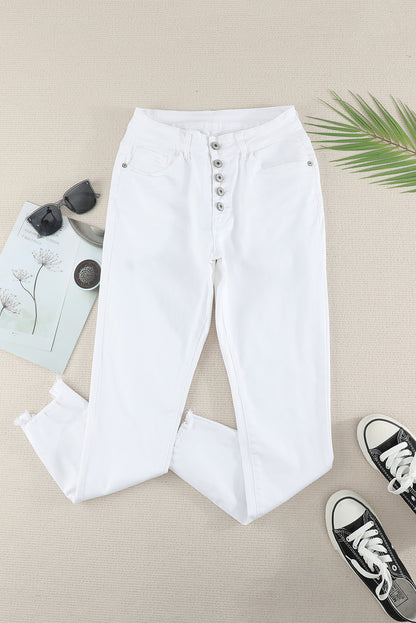 White Plain Buttons Frayed Raw Hem High Waist Denim Jeans