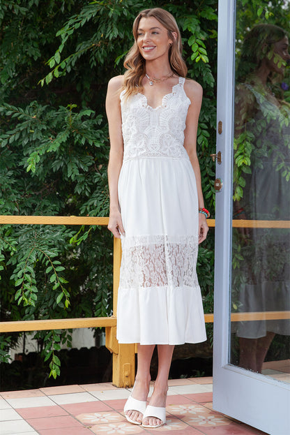 White Elegant Lace Deep V Wedding Guest Sleeveless Maxi Dress