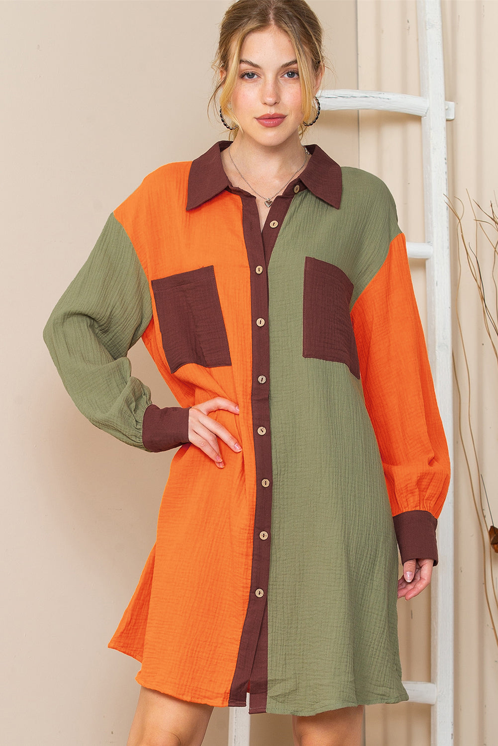 Brown Crinkled Patchwork Button Up Loose Mini Dress