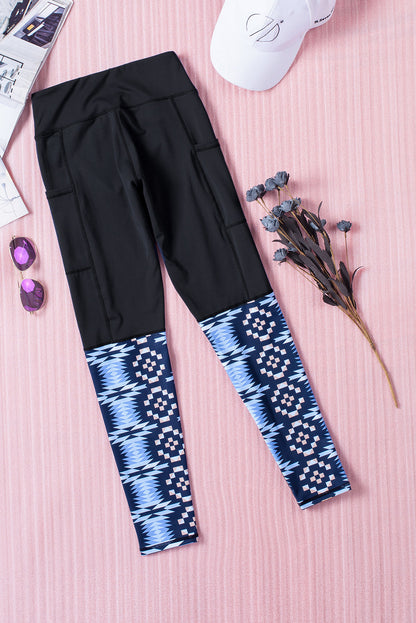 Black Yoga Crossover Geometric Print Patchwork High Waisted Leggings