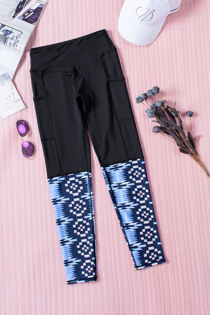 Black Yoga Crossover Geometric Print Patchwork High Waisted Leggings