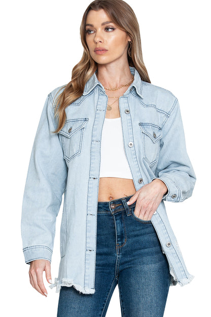 Light Blue Flap Pocket Buttoned Raw Hem Denim Shacket