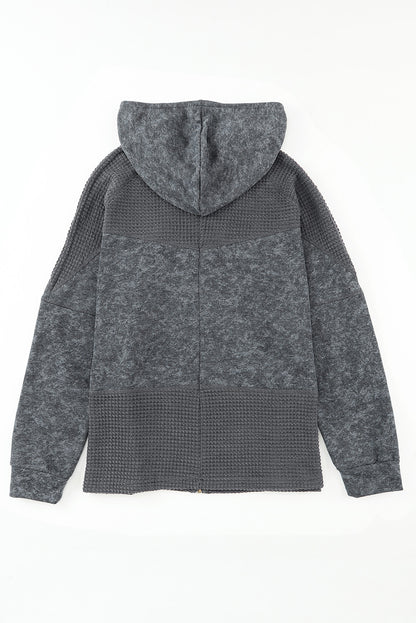 Khaki Dark Washed Patchwork Zip Up Hooded Jacket