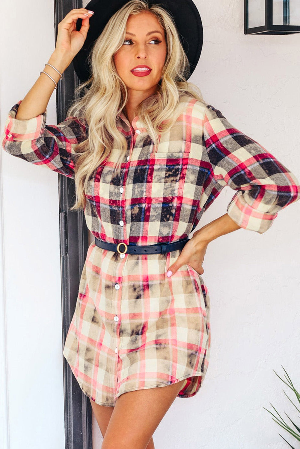 Red Gradient Plaid Long Sleeve Button Down Shirt Dress