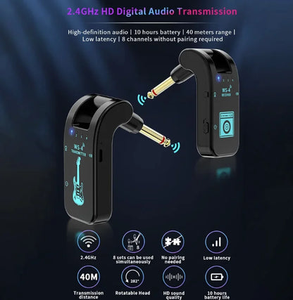 2.4G Wireless Rechargeable Guitar Transmitter Receiver System for Electric Guitar Bass Wind Instruments Plug and Play 48K/16bit