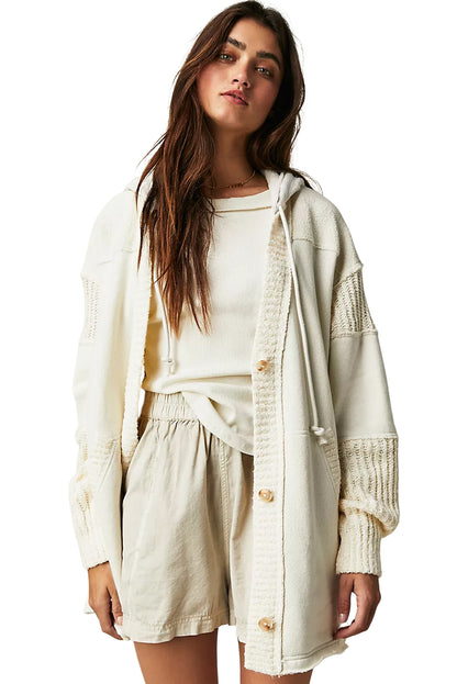 Beige Solid Color Button Down Long Hooded Cardigan