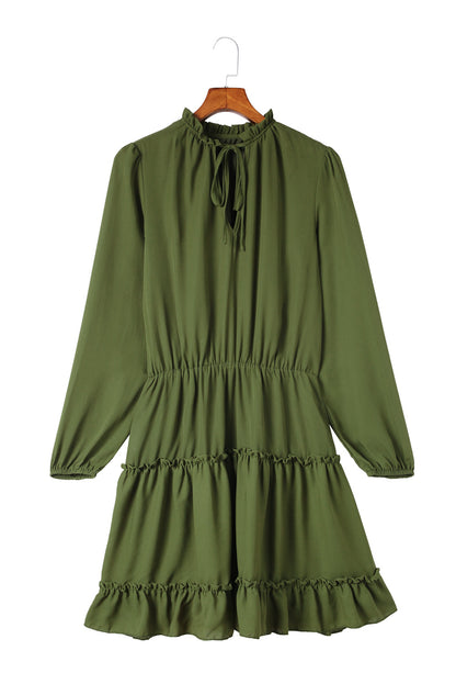 Olive Green Casual Lantern Sleeve V Neck Short Tiered Dress
