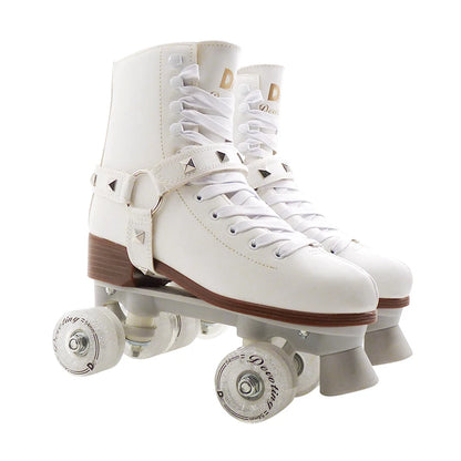 White Boots with Spiked Strap Style Quad Roller Skates