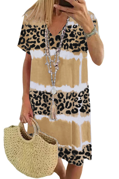 Rose Leopard Tie Dye Color Block V-Neck T-Shirt Dress