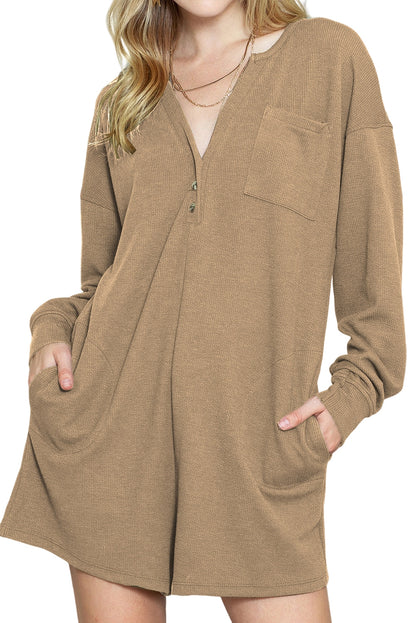 Green Henley V Neck Pocketed Ribbed Romper