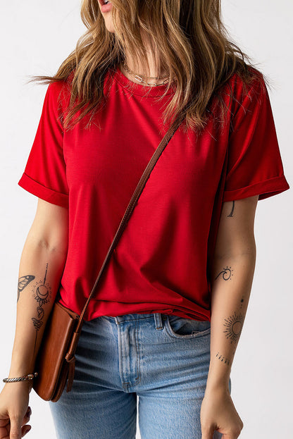 Green Plain Solid Color Crew Neck Tee
