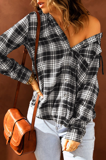 Khaki Drawstring Plaid Hooded Shirt Shacket