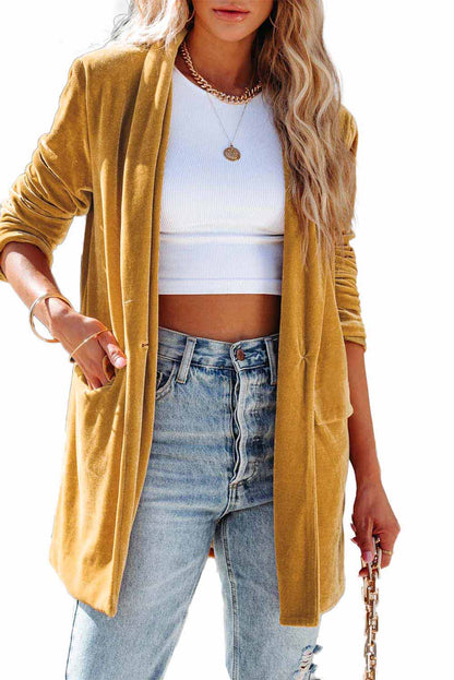 Yellow Lapel Collar Cusual Flap Pockets Blazer