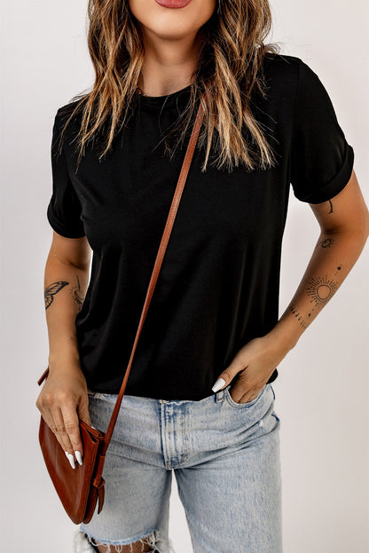 Green Plain Solid Color Crew Neck Tee