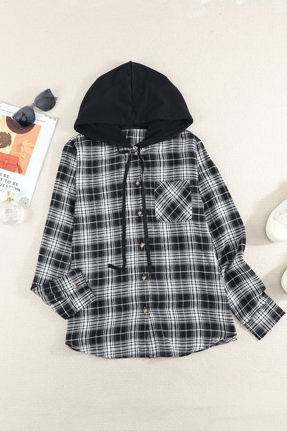 Khaki Drawstring Plaid Hooded Shirt Shacket