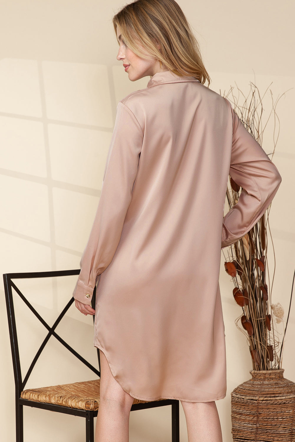 Khaki Sequin Splicing Pocket Button Shirt Dress