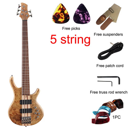 One Piece Tree Burl 5 String Electric Bass Guitar, Solid Okoume Wood Body  43 Inch