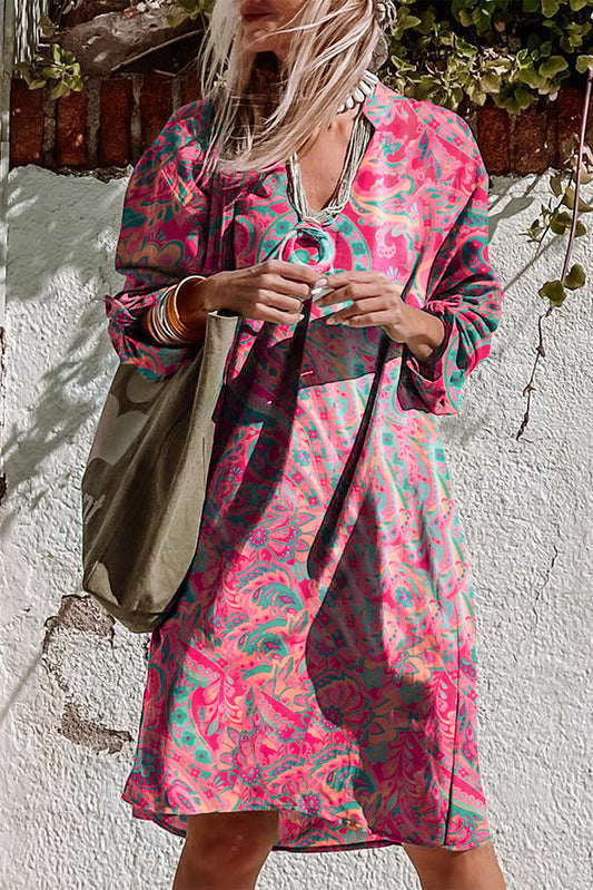 Rose Red Paisley Print Tab Sleeve Notched V Neck Dress