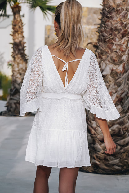 White V Neck Flutter Sleeve Short Crochet Lace Dress