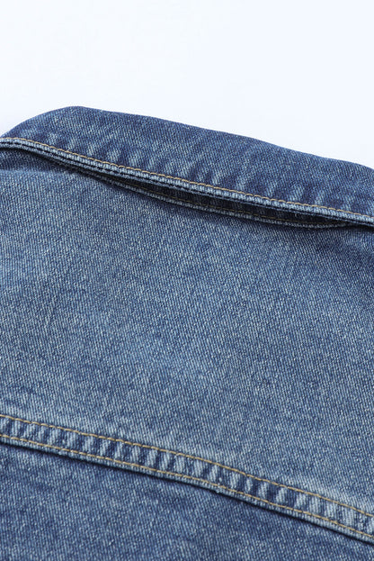Black Casual Distressed Raw Hem Buttons Denim Jacket