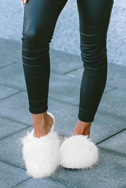 White Fuzzy Round Toe Home Slippers