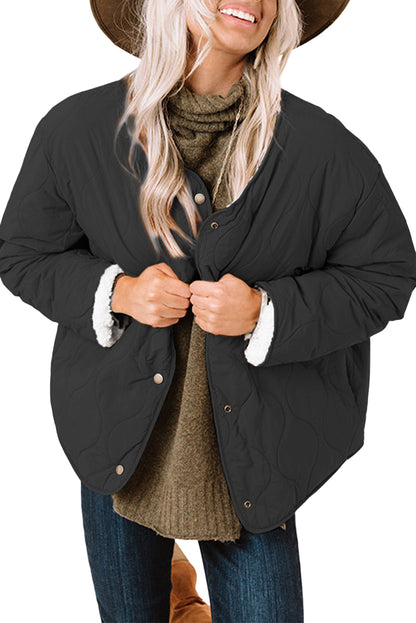 Black Snap Button Furry Reversible Quilted Coat