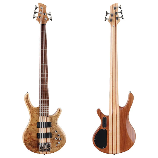 One Piece Tree Burl 5 String Electric Bass Guitar, Solid Okoume Wood Body  43 Inch