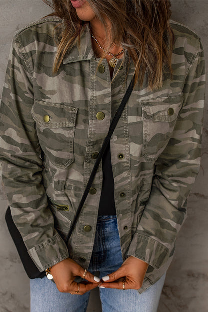 Green Camo Print Pockets Button Up Jacket
