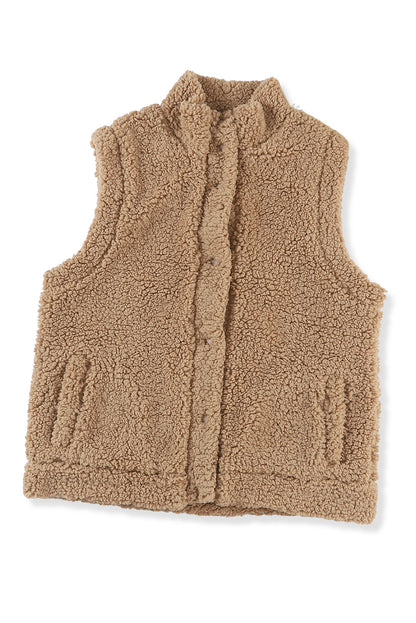 Green Snap Button Collared Stand Neck Sherpa Vest