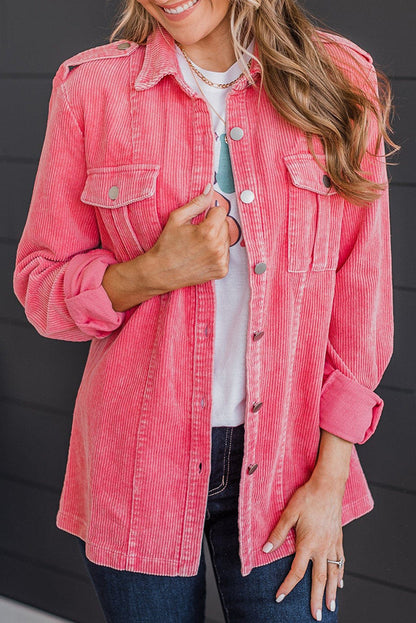 Pink Corduroy Knit Button Flap Pocket Shacket