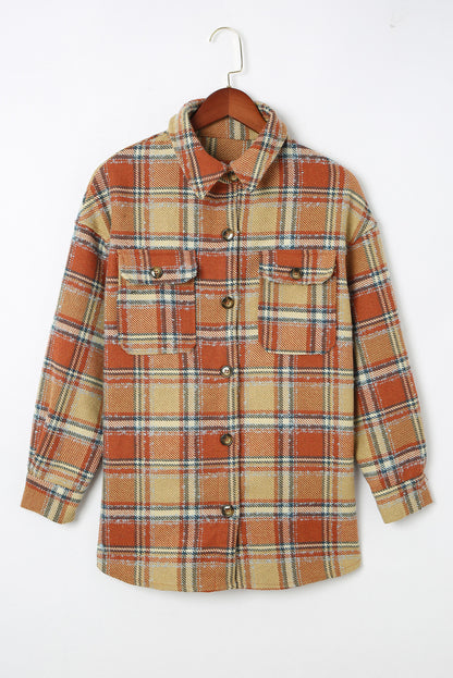 Dark Blue Oversized Flap Pockets Plaid Shacket with Slits