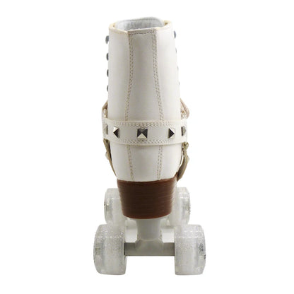 White Boots with Spiked Strap Style Quad Roller Skates