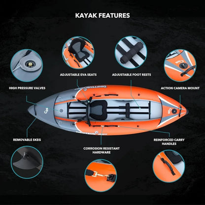 Rover Inflatable 1 and 2 Person Kayak with High Pressure Floor