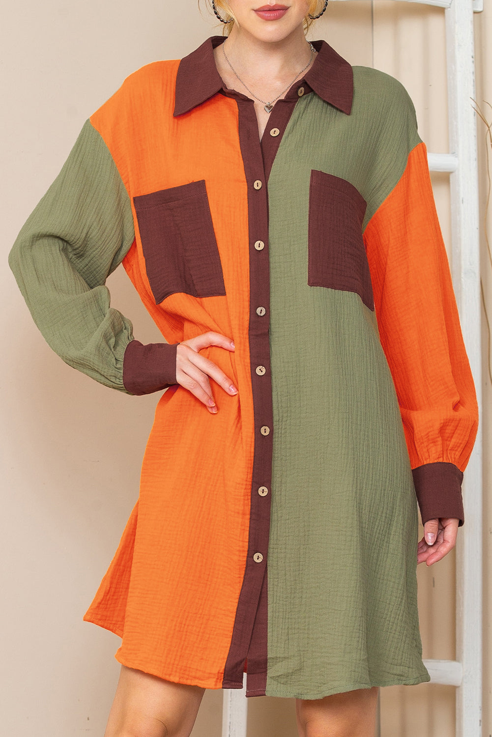 Brown Crinkled Patchwork Button Up Loose Mini Dress