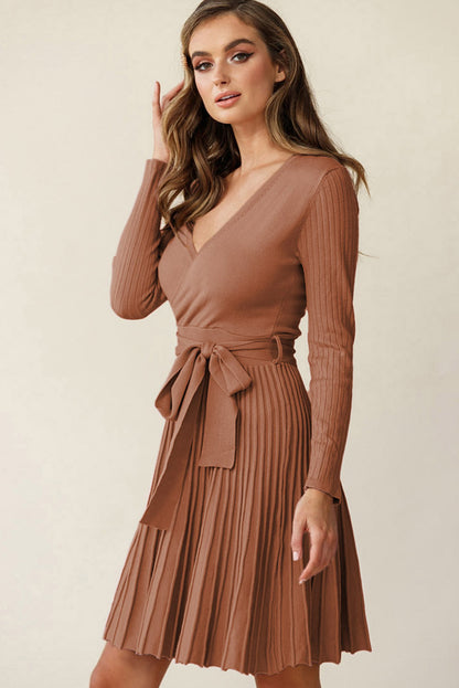 Brown Belted Wrap V Neck Ribbed Pleated Sweater Dress